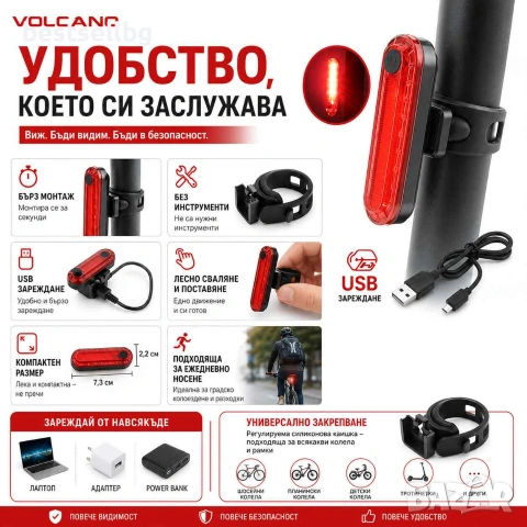 Акумулаторен стоп LED задна светлина VOLCANO 50 lm с 4 режима за колело каска велосипед, снимка 4 - Аксесоари за велосипеди - 40796822