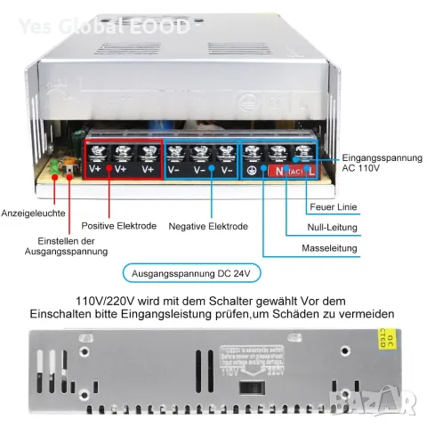 Захранващ блок inShareplus 24 V 15 A 360 W, снимка 4 - Захранвания и кутии - 55658822