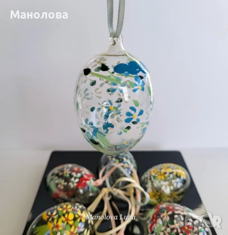 Комплект от шест стъклени, ръчно духани и изрисувани декоративни яйца, снимка 6 - Други ценни предмети - 54142297