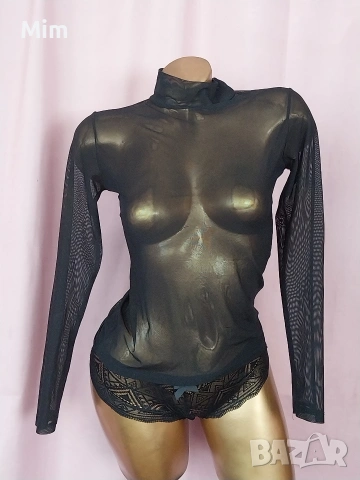 S/M Черна блуза с дълъг ръкав от прозрачен еластичен тюл 