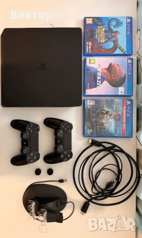 PS4 Slim 500GB + 2 джойстика, зарядна станция и 4 игри 