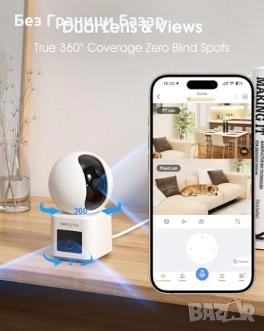 Нова Вътрешна Камера 2x2.5K PTZ 360° WiFi AI Аудио Нощно Виждане за наблюдение охрана дом, снимка 2 - Други - 54488976