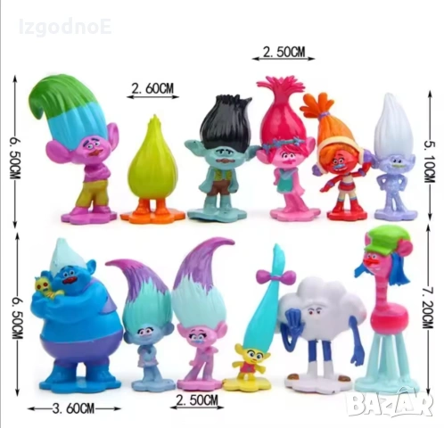 12 бр комплект фигурки Тролчетата Trolls подходящи и за торта, снимка 2 - Фигурки - 54429320