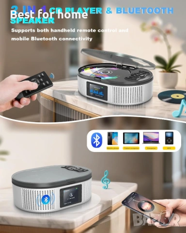 Преносим CD плейър с два стерео високоговорителя, 4000mAh акумулаторна настолна Bluetooth 5.3, снимка 2 - Bluetooth слушалки - 54903335