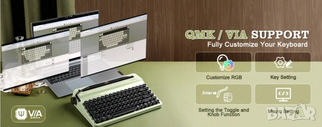 YUNZII QL75 Retro Typewriter Mechanical Keyboard –безжична механична клавиатура в стил пишеща машина, снимка 4 - Клавиатури и мишки - 54556457
