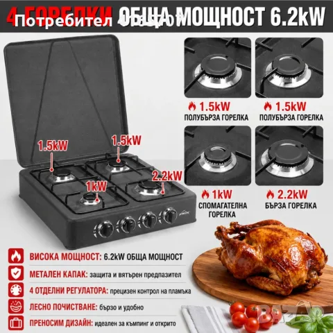 Мощен газов котлон 6,2 kW с 4 горелки и капак – Комплект с маркуч и регулатор, снимка 2 - Газови котлони - 55657578