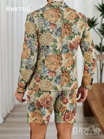 Мъжки комплект Manfinity Retro Print – сако и къси панталони, размер M, снимка 2 - Костюми - 55192465