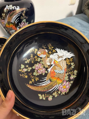 Елегантен винтидж комплект трио в японски стил – ваза, купа и пепелник, снимка 8 - Антикварни и старинни предмети - 54084697