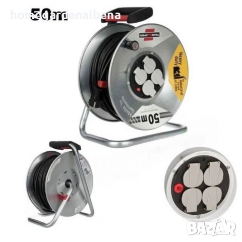 Електрически удължител с макара KraftRoyal 50 м, 4 гнезда, 2x2.5 мм², метален корпус, снимка 6 - Други инструменти - 54142785