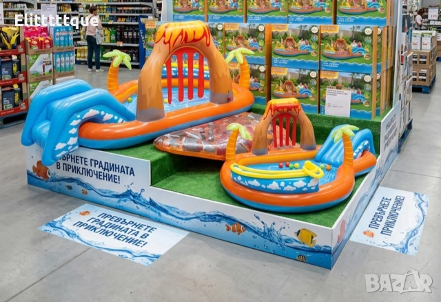 Голям детски надуваем аквапарк Bestway Lava Lagoon - Пързалка, фонтан, и улеи за топки 265x265 см