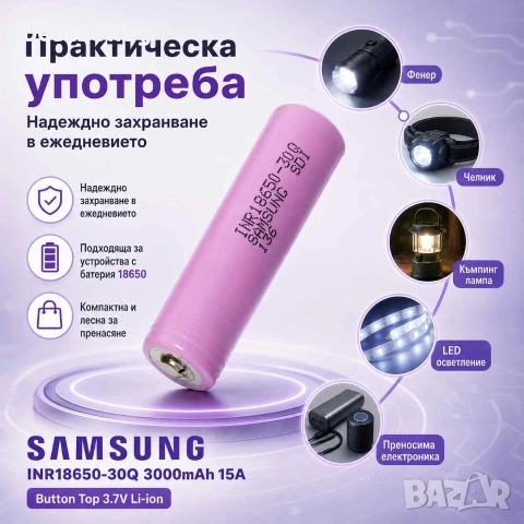 Мощна издръжлива батерия Samsung 18650 3000mAh 3.7V Li-Ion за челници, снимка 5 - Къмпинг осветление - 31561491