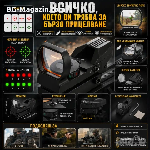 Тактически бързомер прицел с 4 фигури мерник бързомерец за въздушна пушка пистолет лов еърсофт, снимка 7 - Оборудване и аксесоари за оръжия - 51051709