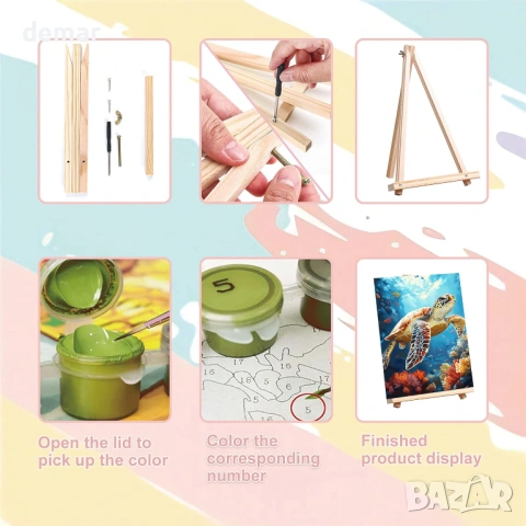 Боядисване по номера с костенурка за възрастни с рамкирано платно и дървен статив, 20х30 см, снимка 6 - Други игри - 53949739