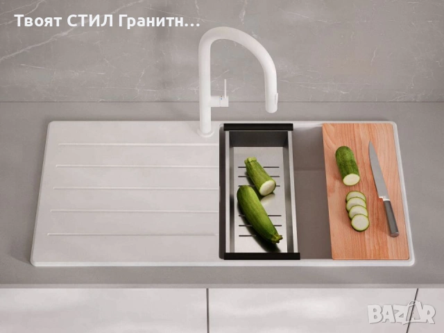 Бяла кухненска мивка от гранит Копенхаген 1000x500 Top 60, снимка 3 - Мивки - 55123819