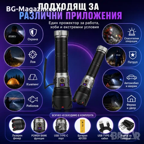 Професионален прожектор с лазерен диод COBA 60W – 2000м обхват Power Bank и димер, снимка 7 - Къмпинг осветление - 54027440