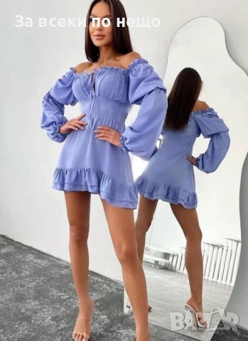 Дамска Синя Елегантна Къса Лятна Рокля С Паднали Рамене С Дълги Буфан Ръкави Код Верона6, снимка 2 - Рокли - 54002717