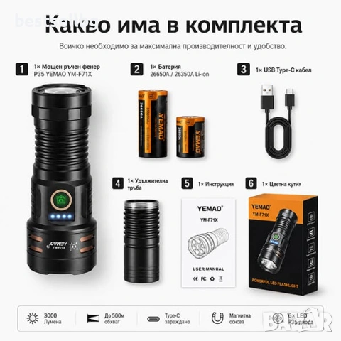 Мощен тактически ръчен фенер | 3000 лумена | 500м обхват | USB-C за къмпинг лов риболов палатка, снимка 6 - Къмпинг осветление - 54109999