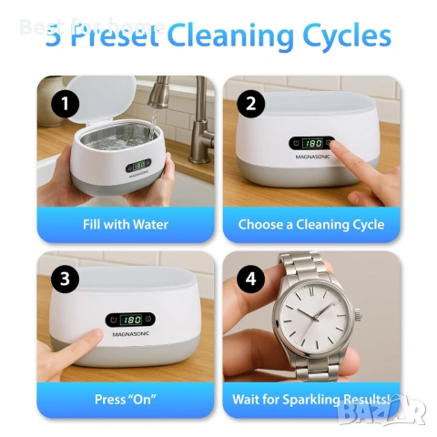 Ултразвукова почистваща машина Magnasonic - резервоар с обем 600 мл, ултразвуков почистващ препарат , снимка 8 - Други стоки за дома - 54192663