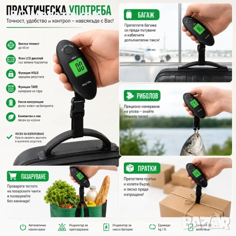 Дигитален компактен електронен ръчен кантар везна за самолетен багаж риболов куфари храна до 40кг, снимка 3 - Везни - 50921410