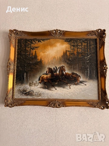 „ТРОЙКА“ – Голяма оригинална маслена картина W. Kolb | 60x80 см | Колекционерска находка, снимка 2 - Антикварни и старинни предмети - 54922628