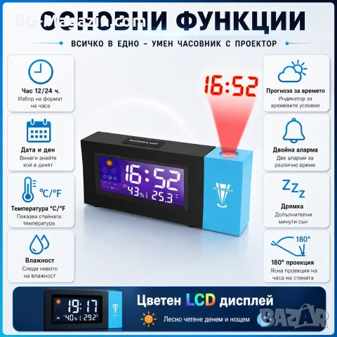 Модерен LED настолен електронен часовник с проектор на стена таван будилник аларма светещ дигитален, снимка 8 - Други - 51039948