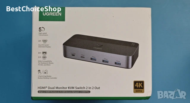 UGREEN HDMI KVM превключвател за 2 монитора и 2 компютъра 4K@60Hz, с 4 USB 3.0 порта, снимка 2 - Кабели и адаптери - 55093306