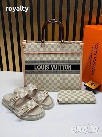 Louis Vuitton Нов Дамски Комплект Луи Витон Чехли Чанта Различни Цветове 