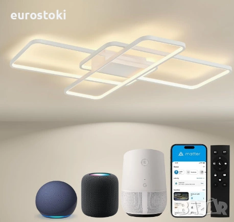 Смарт LED таванна лампа BAYHT, интелигентен LED плафон 80W, 105 см, димируема, дистанционно и гласов