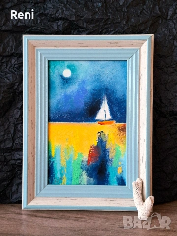 Нощно море, миниатюра, пастел