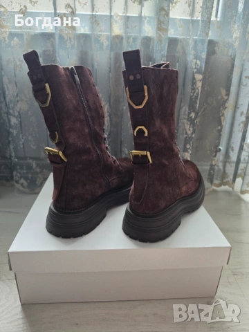 Кафяви боти естествен велур Aquamarineshoes, снимка 4 - Дамски боти - 54199824