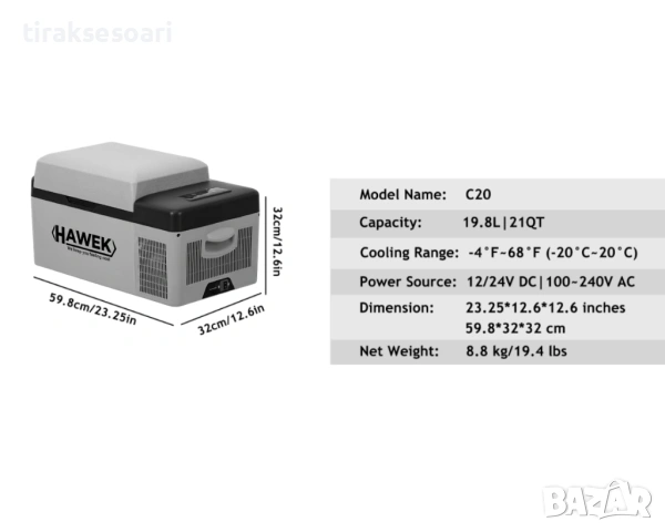 Портативен компресорен хладилник HAWEK C20 20L – 12V/24V/220V с охлаждане и замразяване, снимка 7 - Аксесоари и консумативи - 54642610