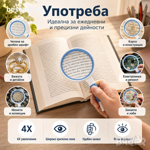 Ръчна джобна увеличитена стъклена лупа 4x увеличение за четене деца, снимка 2 - Други инструменти - 46835327