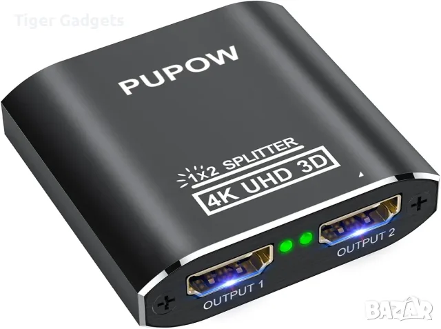 HDMI суич 2 към 1 / Сплитер 1 към 2 Pupow 4K, двупосочен, алуминиев корпус