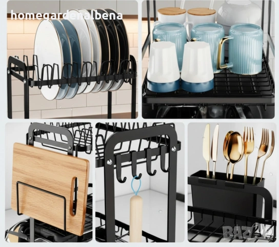 Сушилник за съдове XXL двупластов с оттичане черен стомана пластмаса 42x30x32 см, снимка 3 - Сушилни - 54166282