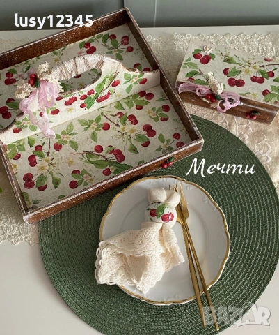 Дървена кутия с 6 пръстена за салфетки с черешки 🍒🌿🌸, снимка 6 - Прибори за хранене, готвене и сервиране - 54489952