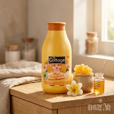 Хидратиращо душ мляко Cottage Honey & Frangipani (Мед и Франжипани) – 97% натурален 