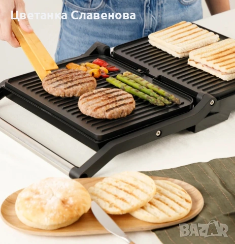 Електрическа скара и тостер с мощност 2200 W, регулатор на температурата, отваряне на 180º.