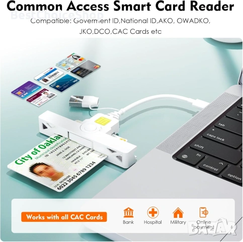 CAC четец 2 в 1 тип C с двоен конектор, DOD Military USB Common Access, четец за смарт карти, снимка 7 - Кабели и адаптери - 55039034
