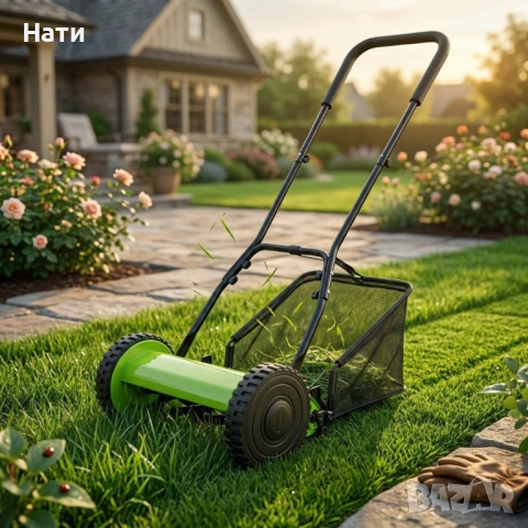Ръчна косачка за трева с кош 40 см (16"), 5 остриета, регулируема височина 17–33 мм – Тиха, екологич, снимка 10 - Градинска техника - 54023536