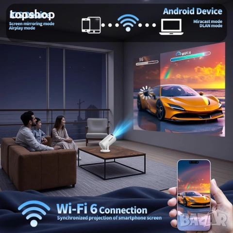 Смарт мини проектор 4K 1080P Full HD с WiFi 6 и Bluetooth (управление с мишка)  , снимка 7 - Плейъри, домашно кино, прожектори - 54878261