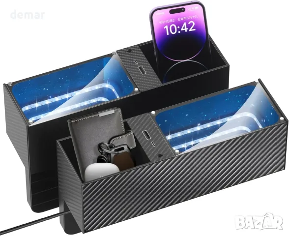 Комплект 2 органайзера за между седалките с LED осветление и USB-C