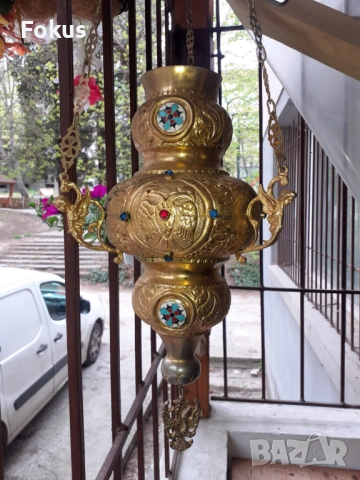 Огромно старо висящо кандило емайл и стъкла кадило тамянник, снимка 2 - Антикварни и старинни предмети - 54220475