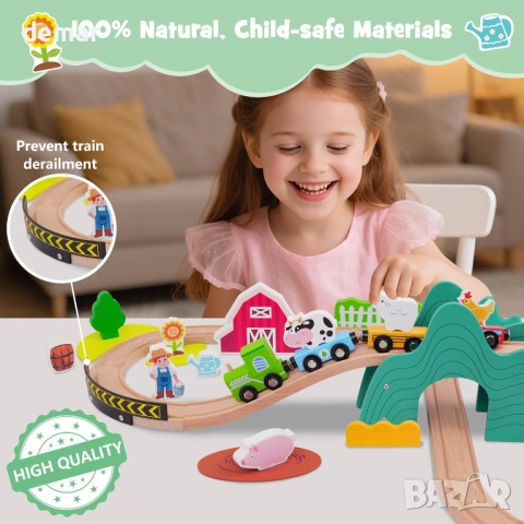SIMPLIPLAY Комплект дървено влакче за малки деца 3-5 години, Монтесори, 49 части, снимка 4 - Образователни игри - 54650200