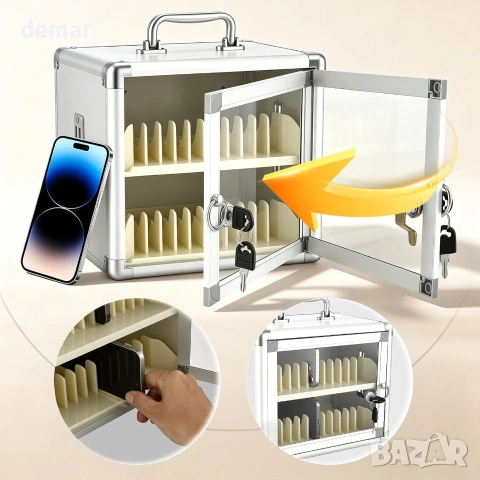 Метален сейф/шкаф за съхранение и заключване на телефони (cell phone locker) с ключ 24 слота, снимка 2 - Кутии за съхранение - 55258950