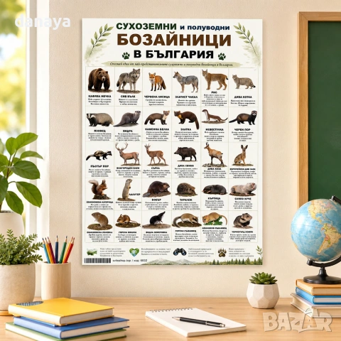 6832 Образователно табло Сухоземни и полуводни бозайници в България, А3 формат, снимка 2 - Ученически пособия, канцеларски материали - 55083806