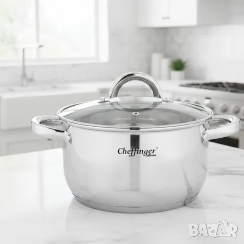 Тенджера от неръждаема стомана Cheffinger с индукционно дъно и стъклен капак, снимка 3 - Съдове за готвене - 55340191