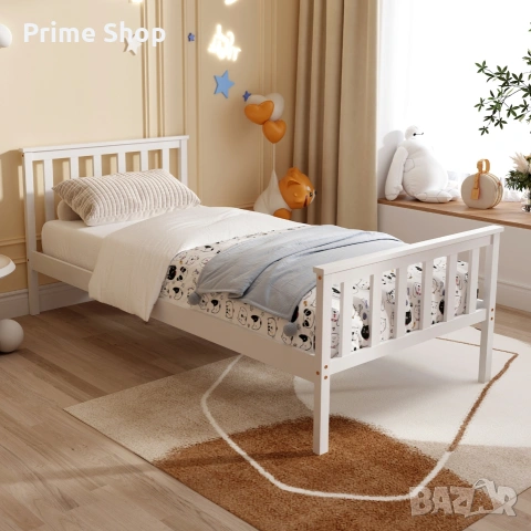 Детско Легло от Масивна Дървесина VonHaus, Бяло 198x98x82см + подматрачна рамка, снимка 2 - Спални и легла - 54402073