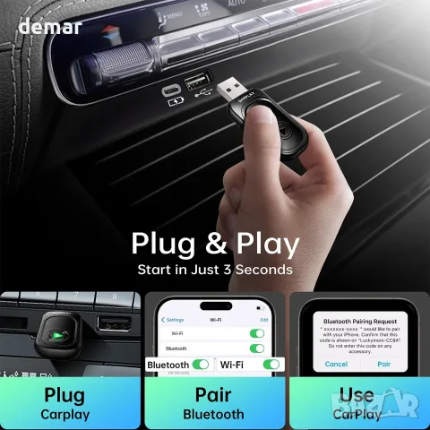Wi‑Fi/Bluetooth CarPlay адаптер (wireless), SAРPLAY – Plug & Play, снимка 6 - Аксесоари и консумативи - 55664058