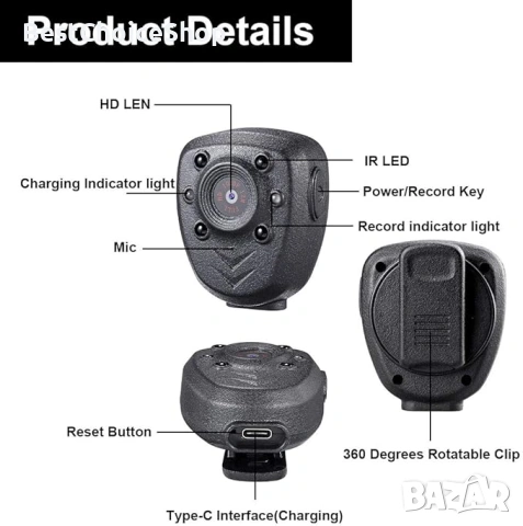 Мини телесна камера HD1080P видеорекордер с вградена 32GB памет, с нощно виждане, снимка 7 - Камери - 55038924