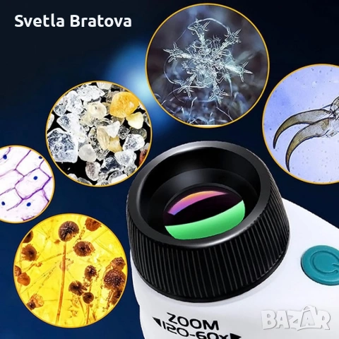 Детски преносим микроскоп с LED светлина, 60x-120x увеличение и стойка за смартфон, снимка 4 - Други - 54003271